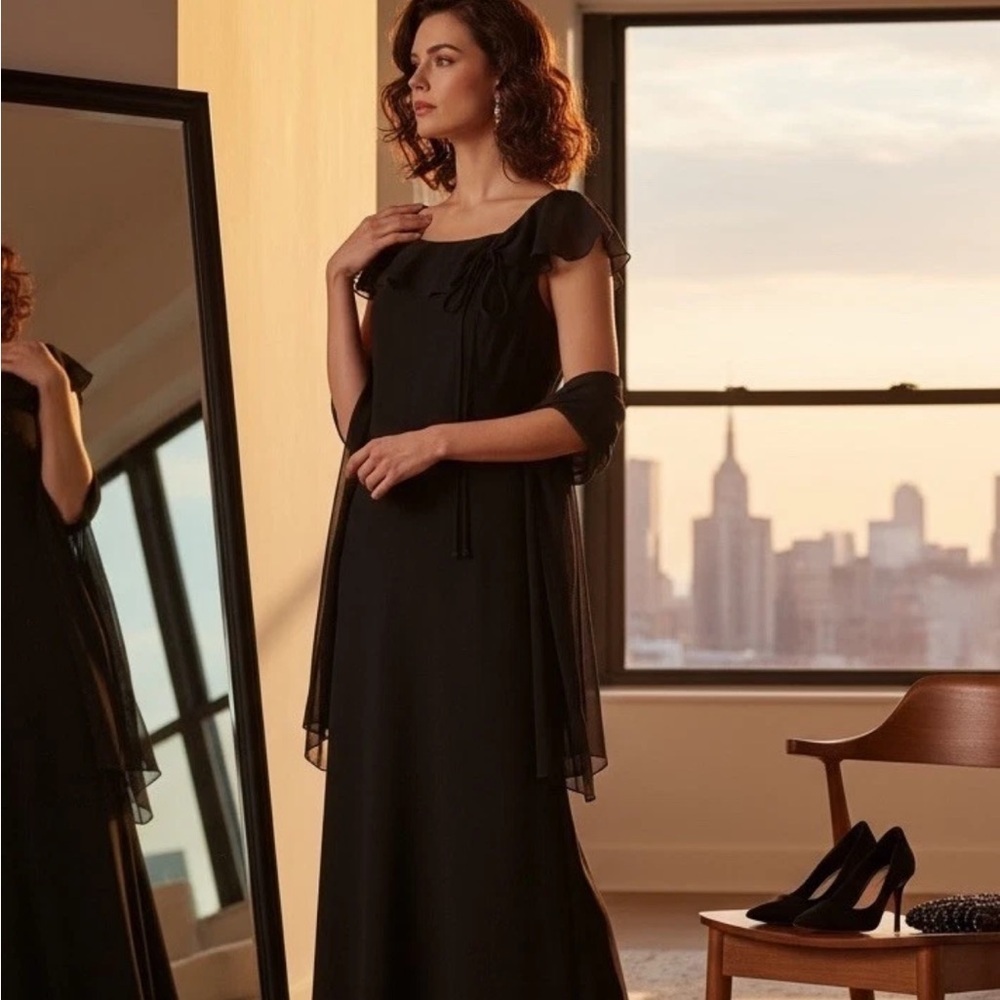 Y2K Evan Picone Black Chiffon Ruffle Whimsigoth Midi Cocktail Dress LBD Womens 6